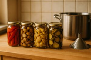 Barattoli di verdure sott'olio chiusi, allineati su un piano di legno in cucina