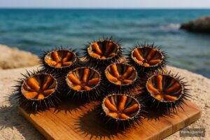 Ricci di mare freschi aperti su un tagliere in riva al mare
